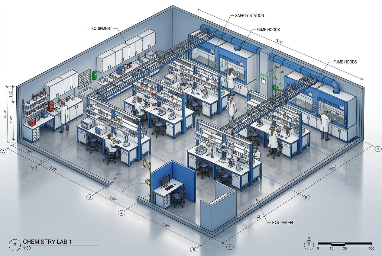 Laboratuvar 3D Tasarım Yerleşim Planı Render